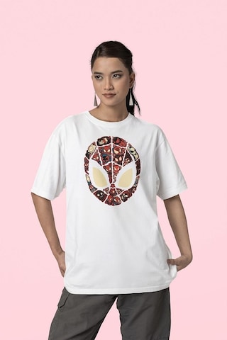 Maske Örümcek Adam Baskılı Unisex Oversize Marvel Tişört Beyaz