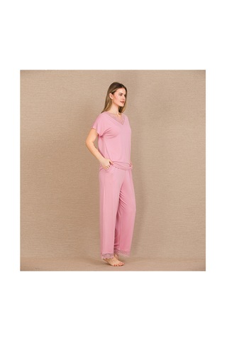 L'ombre Viskon Şık Tasarım Dantel İşlemeli Pembe Kısa Kol Pijama Takımı