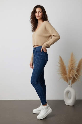 Kene Jeans Kadın Çapraz Taşlı Lacivert Kot Dar Paça Lacivert