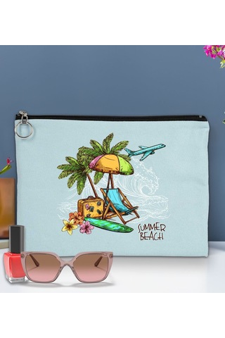 Bk Gift Yaz Temalı-9 Astarlı Açık Mavi Portföy Çanta 30x21cm, Baskılı El Çantası, Organizer Çanta