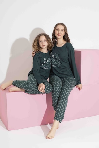Aygebu Tarık Kadın Yeşil Geyikli Desen Anne Kız Kombin Termal Kışlık Sıcak Tutan Yumuşak Pijama Takımı