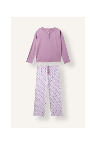 Defacto Relaxed Fit Uzun Kollu Düğmeli Desenli Pijama Takımı H9099ax26aupr461 Mor-pr461