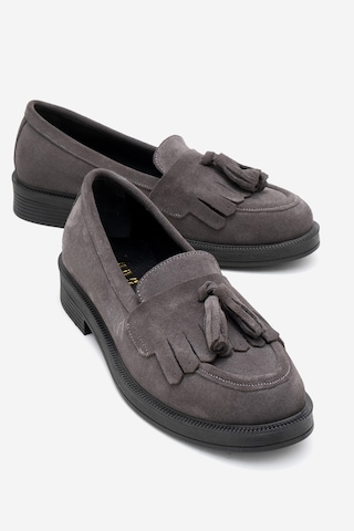 Milina Füme Süet Püsküllü Hakiki Deri Kadın Loafer Ayakkabı Füme