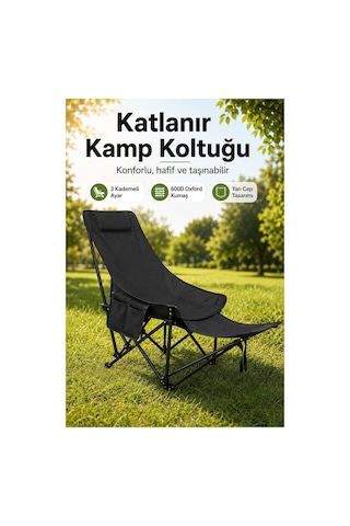 Katlanır Kamp Sandalyesi, Oturma Veya Uzanma Pozisyonunda Kullanılabilir, Çok Pozisyonlu Ayarlanabilir, Siyah.