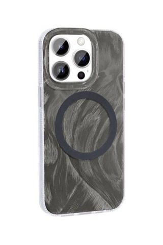 Apple Uyumlu iPhone 14 Pro Max Kılıf M-safe Şarj Özellikli Fırça Boya Desenli Zore Palet Kapak Gri