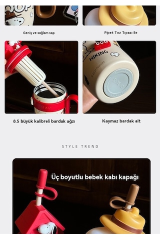 Pazly Snoopy Taşını Büyük Kapasiteli 800ml Termos Hasır Fincan Kırmızı Kırmızı