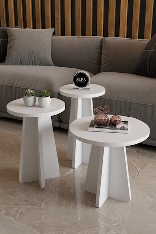 Alpa Ev Mobilya 3 Lü Mantar Zigon Sehpa Seti Modern Yuvarlak Tasarım, Dekoratif İskandinav Stil Beyaz