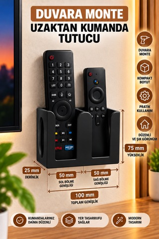Veriqo 3d Duvara Monte 2'li Uzaktan Kumanda Tutucu Tv Kumandalık Düzenleyici Siyah
