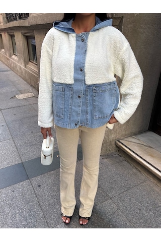 Esra Butik78 Kadın %100 Pamuk Kapüşonlu Çıtçıtlı Denim Detaylı Peluş Ceket Oversize Günlük Mont Beyaz