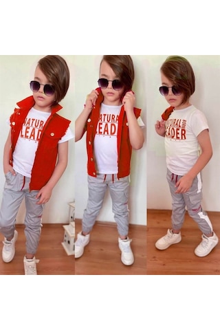 Erkek Çocuk Denim Yelekli Kırmızı Takım