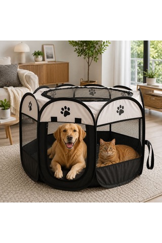 Patibon Evcil Hayvan Katlanabilir Sekizgen Oyun Parkı Kedi Doğum Odası Bej 75x43 Cm
