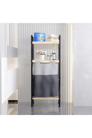 Bino Ahşap Raflı 2 Katlı Büyük Boy Kapaklı Çamaşır Kirli Sepeti Çok Amaçlı Banyo Düzenleyici Siyah