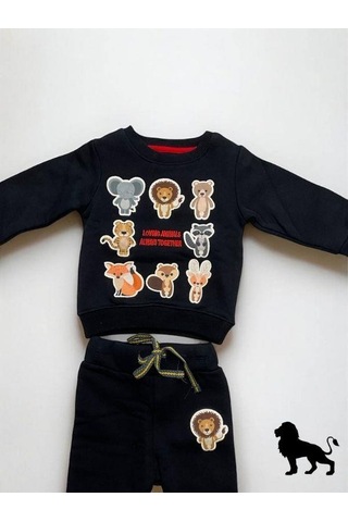 Erkek Bebek Hayvan Desenli Şardonlu Eşofman Takımı-14638 Lacivert