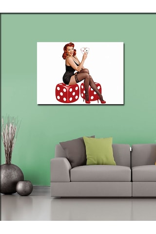Kanvas Tablo Kırmızı Zar Üzerinde Oturan Pin-up Kız