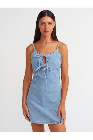 Dilvin Askılı Verev Kesim Denim Elbise Mavi