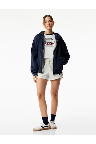 Koton Fermuarlı Kapüşonlu Kanguru Cepli Uzun Kollu Şardonlu Oversize Spor Sweatshirt Lacivert 6wak10151nk Lacivert