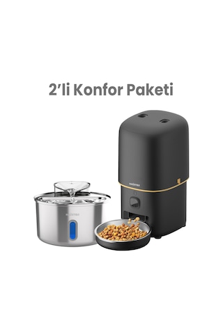 Haustier Hst-pf05 Siyah Akıllı Mama Kabı, Hst-wf009l-w Kedi Su Sebili 2 Li Kameralı Set Haustier Türkiye Garantili