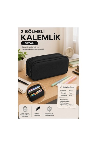 Siyah Bez Kalemlik 1 Adet Stilo Kl22 İki Bölmeli Fermuarlı Bez Kalemlik Kırtasiye Çocuk Okul Kalem Makyaj Kutusu