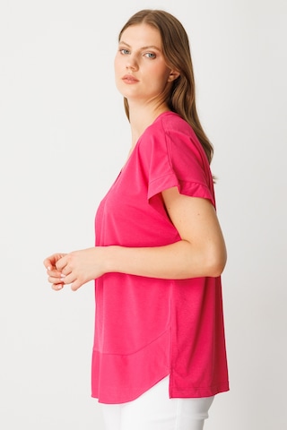 On Kadın Büyük Beden V Yaka Parçalı T-shirt 71476 Fuşya