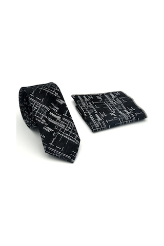 Gaffy Beyaz Kırcıl Desenli Siyah Dokuma Kumaş Mendilli Slim Fit Kravat // Sdk-2611-1 Siyah