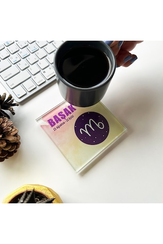 Cam Bardak Altlığı Burçlar - Başak Burcu 4'lü Takım 10cm X Beyaz