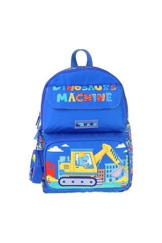 Kaukko Kids Erkek Çocuk Dinazor Ve İş Makinesi Baskılı Okul Çantası - Mavi - Sarı - Mechanic - L5369 Çok Renkli