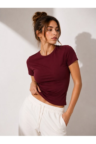 Polymood Kadın %95 Pamuk Vücuda Oturan Tam Boy Slim Fit Likralı T-shirt Bordo