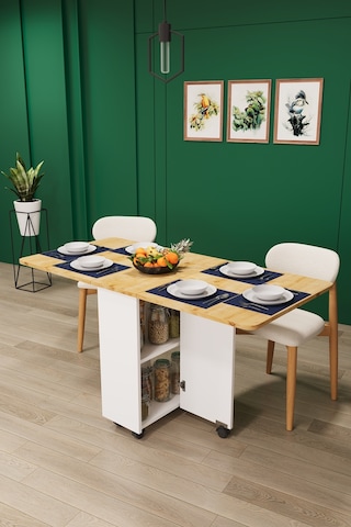 Asra Trend KM-13 %100 MDF 155x70 cm Katlanır Akıllı Mutfak Masası Tekerlekli Servis Masası Beyaz Safir Meşe
