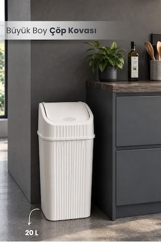 20 Litre Pratik Kapaklı Mutfak Çöp Kovası Büyük Boy Banyo Çöp Kovası Beyaz
