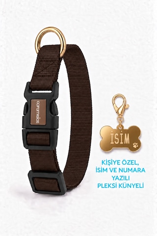 Caramelos İsimli Köpek Tasması, Ayarlanabilir Yavru, Mini, Orta Ve Büyük Irk Köpek Tasması, Kahverengi
