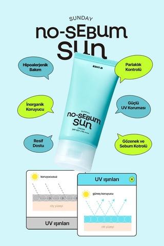 Edıtb Yağlanma ve Gözenek Karşıtı Nemlendirici Fiziksel Güneş Kremi EDIT.B No Sebum Sun Cream SPF50+PA++++