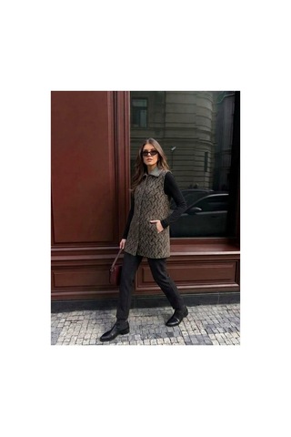 Onno Style Women Desenli Çelik Örgü Uzun Triko Kadın Yelek Kaban Gri