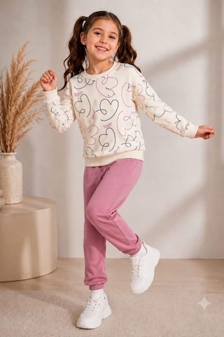 Pina Kids Kız Çocuk Kalpli Desenli Okul Günlük Eşofman Takımı Esf7035 Pudra