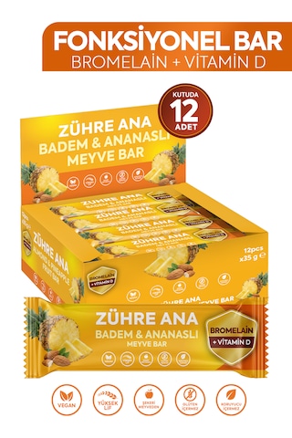 Bromelain Ve Vitamin D İçeren Meyve Bar, Şeker İlavesiz Badem Ve Ananaslı 35 Gr X 12 Adet
