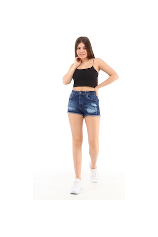 Cedy Denim Kadın Yüksek Bel Yırtlıklı Ve Yıpratmalı Paçası Püsküllü Kot Şort Mini Jean Şort C603 Lacivert