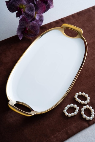 Acar Arven Oval Gold Sunum Tepsisi - 41 Cm Beyaz