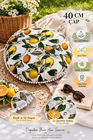 Yuvarlak Minder 40 Cm Ponponlu Limon Desenli Su Geçirmez Sıvı İtici Bahçe Balkon Minderi Çok Renkli