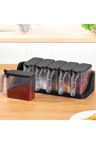 Porsima 1183 Standlı Kaşıklı Kapaklı Baharatlık Seti 6 'lı Siyah