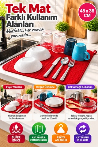 Kırmızı Bez Mikrotex Bulaşık Kurutma Matı 45x36 Cm Süper Emici Katlanabilir Tezgah Üstü Kurutma Matı