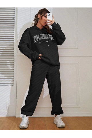 Los Angeles Angels Eşofman Takımı Sweatshirt Jogger - Siyah Baskılı Oversize Şardonlu Kapüşonlu Siyah