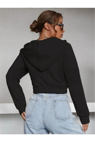 Kadın Kapüşonlu Fermuarlı Crop Hırka Sweatshirt -üç İplik Şardonlu