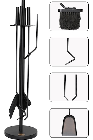 5 Li Lüx Ithal Siyah Yuvarlak Tabanlı Şömine - Soba Maşa Takımı Aksesuar Seti