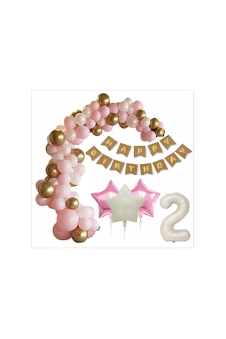 2 Yaş Kraft-gold Banner, 30 Adet Pembe, Gold, Beyaz Balon 2 Pembe 1 Bej Yıldızlı Doğum Günü Seti