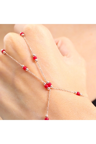 Kırmızı Boncuk Detay Rose Renk Gümüş Şahmeran