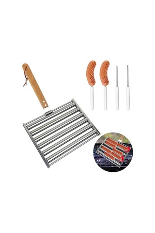 Ulzyvf Ahşap Saplı Ve Sosisli Şişli Sandviç Silindiri, Gümüş Barbekü, 4'lü Gümüş