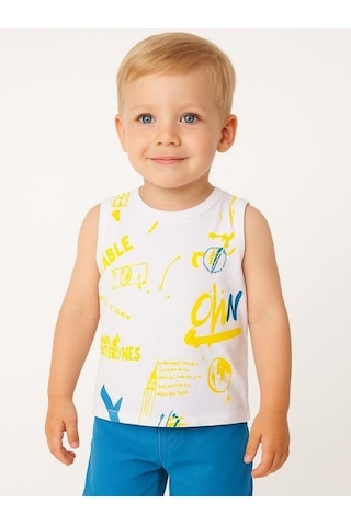 Erkek Bebek Pamuklu Renkli Yazı Baskılı Kolsuz T-shirt-16000 Beyaz