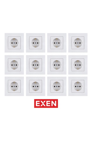 Exen Beyaz Topraklı Priz Mekanizma+çerçeve 12 Adet Priz Çerçeve