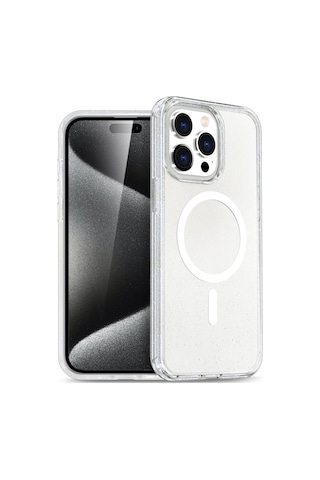 İphone 14 Pro Max Uyumlu Renkli Magneticsafe Parlayan Simli A+ Kalite Silikon Kapak - Şeffaf