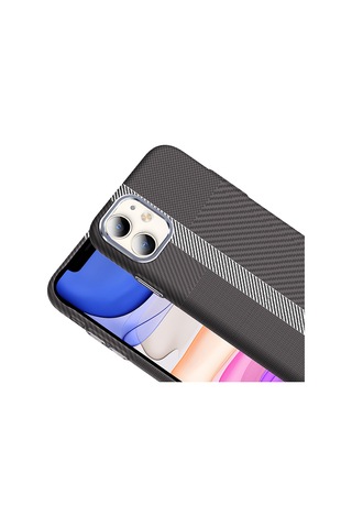 Apple Uyumlu iPhone 11 Kılıf M-safe Şarj Özellikli Karbon Fiber Görünümlü Gros Kılıf Gri - Siyah