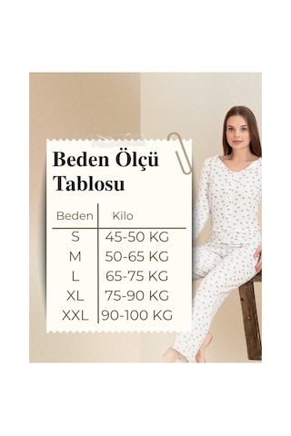 Eliz Kadın Kurdele Detaylı Kiraz Desenli U Yaka Likralı Pijama Takım Ekru